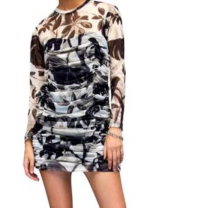 All Saints Black and White Leaf Print Mini Dress